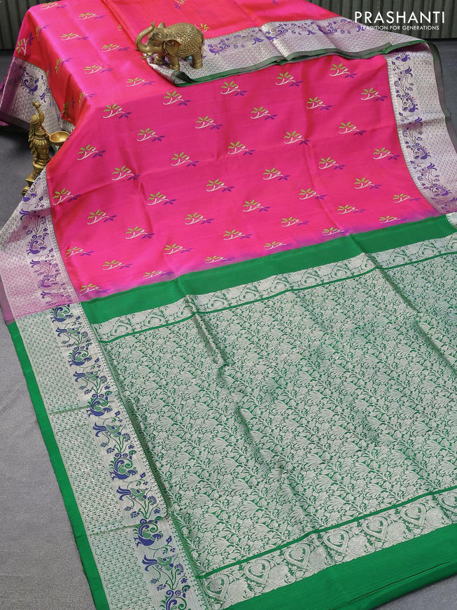 Venkatagiri Silk saree pink and green with thread & silver zari woven floral buttas and silver zari woven annam paithani border - {{ collection.title }} by Prashanti Sarees