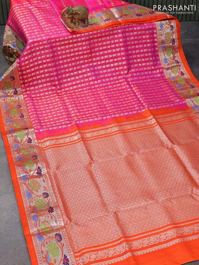 Venkatagiri silk saree pink and orange with allover silver zari woven butta weaves and silver zari woven paithani border - {{ collection.title }} by Prashanti Sarees