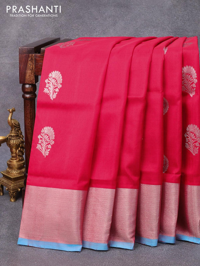 Venkatagiri silk saree red and light blue with floral silver zari woven buttas and rich zari woven border - {{ collection.title }} by Prashanti Sarees