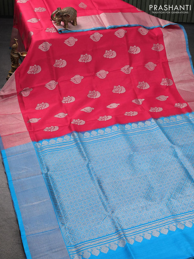 Venkatagiri silk saree red and light blue with floral silver zari woven buttas and rich zari woven border - {{ collection.title }} by Prashanti Sarees