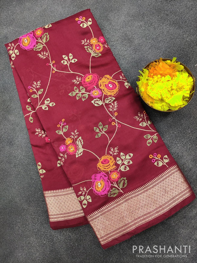 Viscose saree maroon with allover floral embroidery work and zari woven border - {{ collection.title }} by Prashanti Sarees