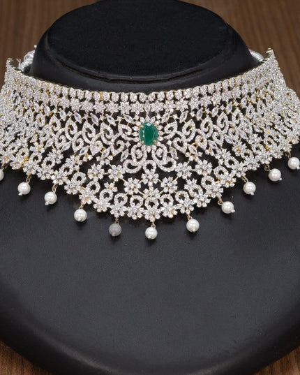 Zircon choker emerald and cz stones with pearl hangings in gold finish - {{ collection.title }} by Prashanti Sarees
