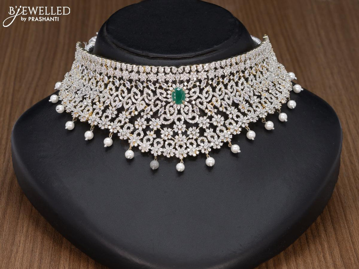 Zircon choker emerald and cz stones with pearl hangings in gold finish - {{ collection.title }} by Prashanti Sarees