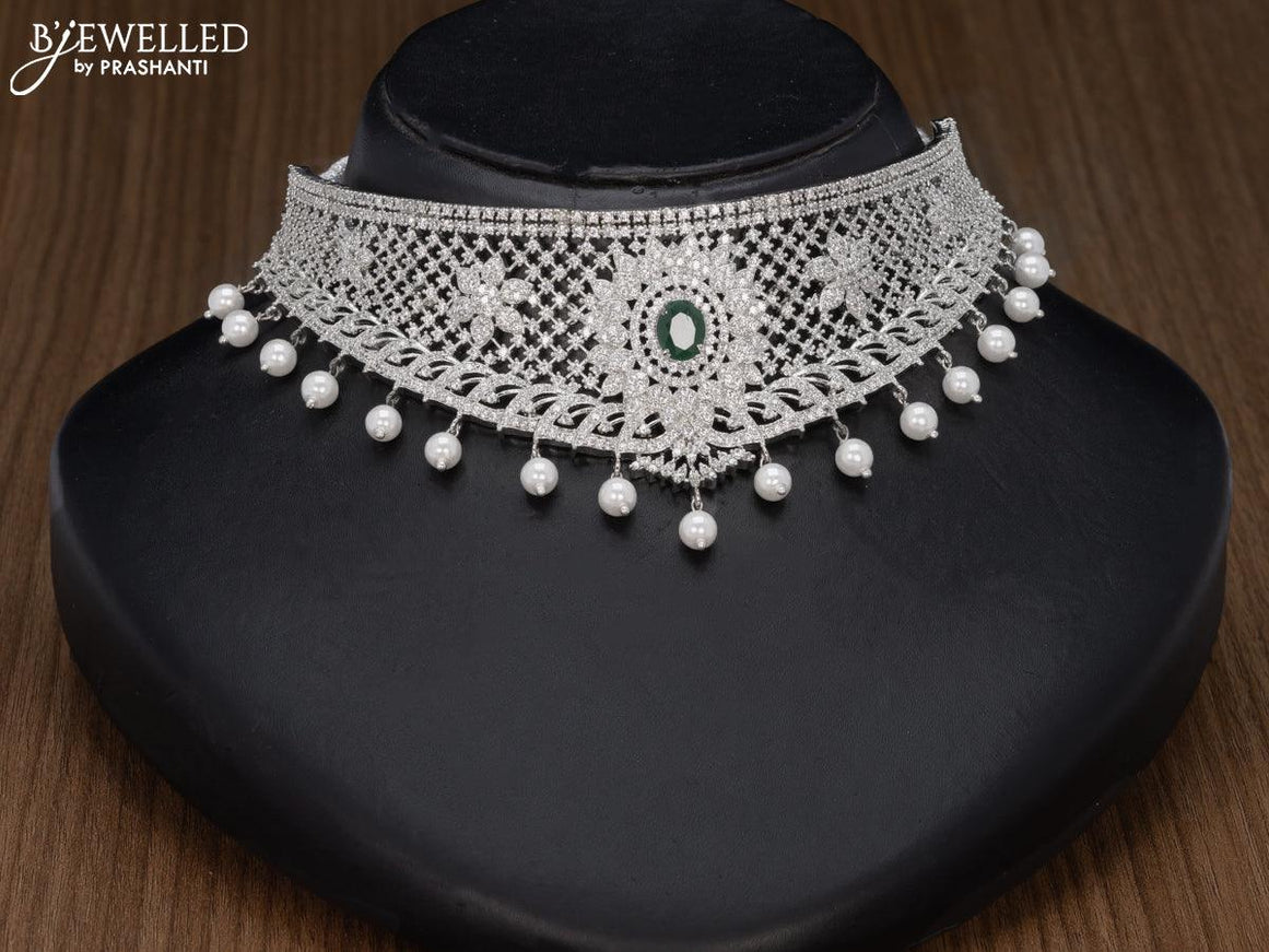 Zircon choker emerald and cz stones with pearl hangings - {{ collection.title }} by Prashanti Sarees
