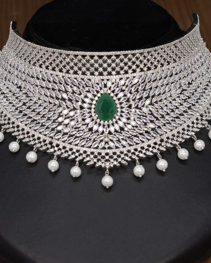 Zircon choker emerald and cz stones with pearl hangings - {{ collection.title }} by Prashanti Sarees