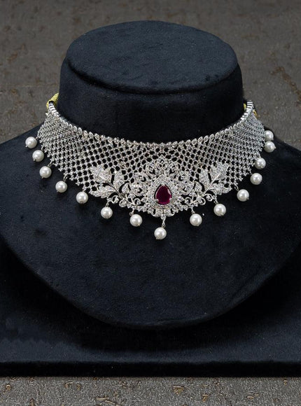 Zircon choker floral design sapphire and cz stones with pearl hangings - {{ collection.title }} by Prashanti Sarees