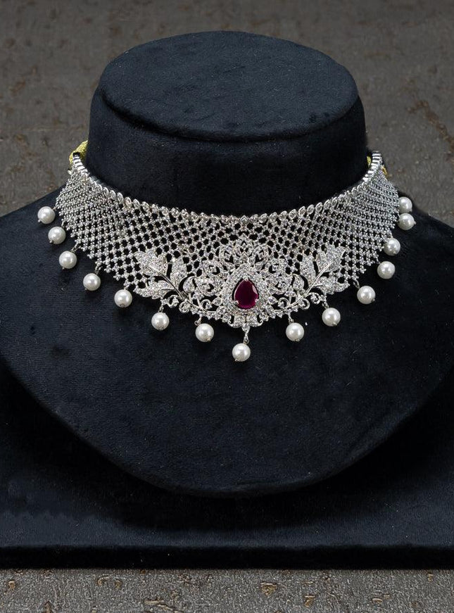 Zircon choker floral design sapphire and cz stones with pearl hangings - {{ collection.title }} by Prashanti Sarees