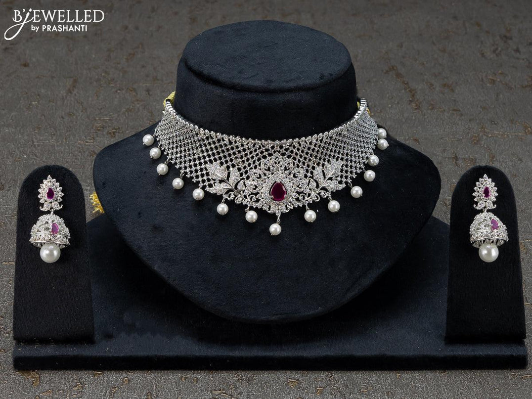 Zircon choker floral design sapphire and cz stones with pearl hangings - {{ collection.title }} by Prashanti Sarees