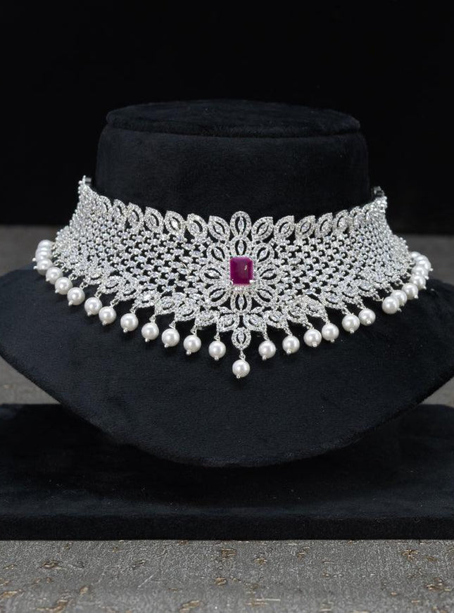 Zircon choker floral design with cz stones and pearl hangings - {{ collection.title }} by Prashanti Sarees