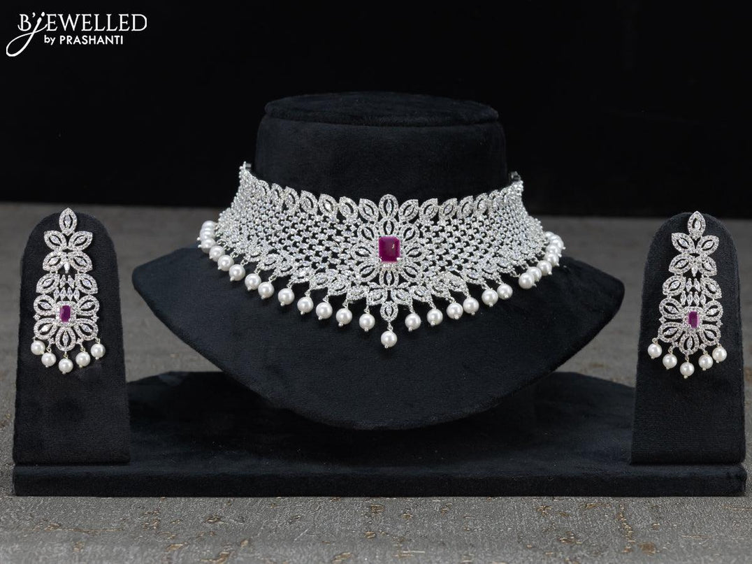Zircon choker floral design with cz stones and pearl hangings - {{ collection.title }} by Prashanti Sarees