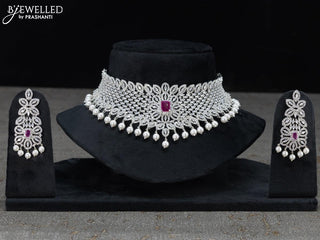 Zircon choker floral design with ruby & cz stones and pearl hangings