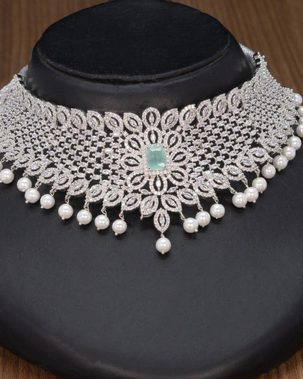 Zircon choker mint green and cz stones with pearl hangings - {{ collection.title }} by Prashanti Sarees
