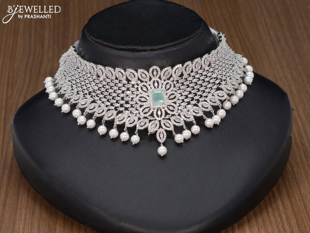 Zircon choker mint green and cz stones with pearl hangings - {{ collection.title }} by Prashanti Sarees