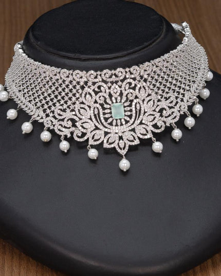 Zircon choker mint green and cz stones with pearl hangings - {{ collection.title }} by Prashanti Sarees