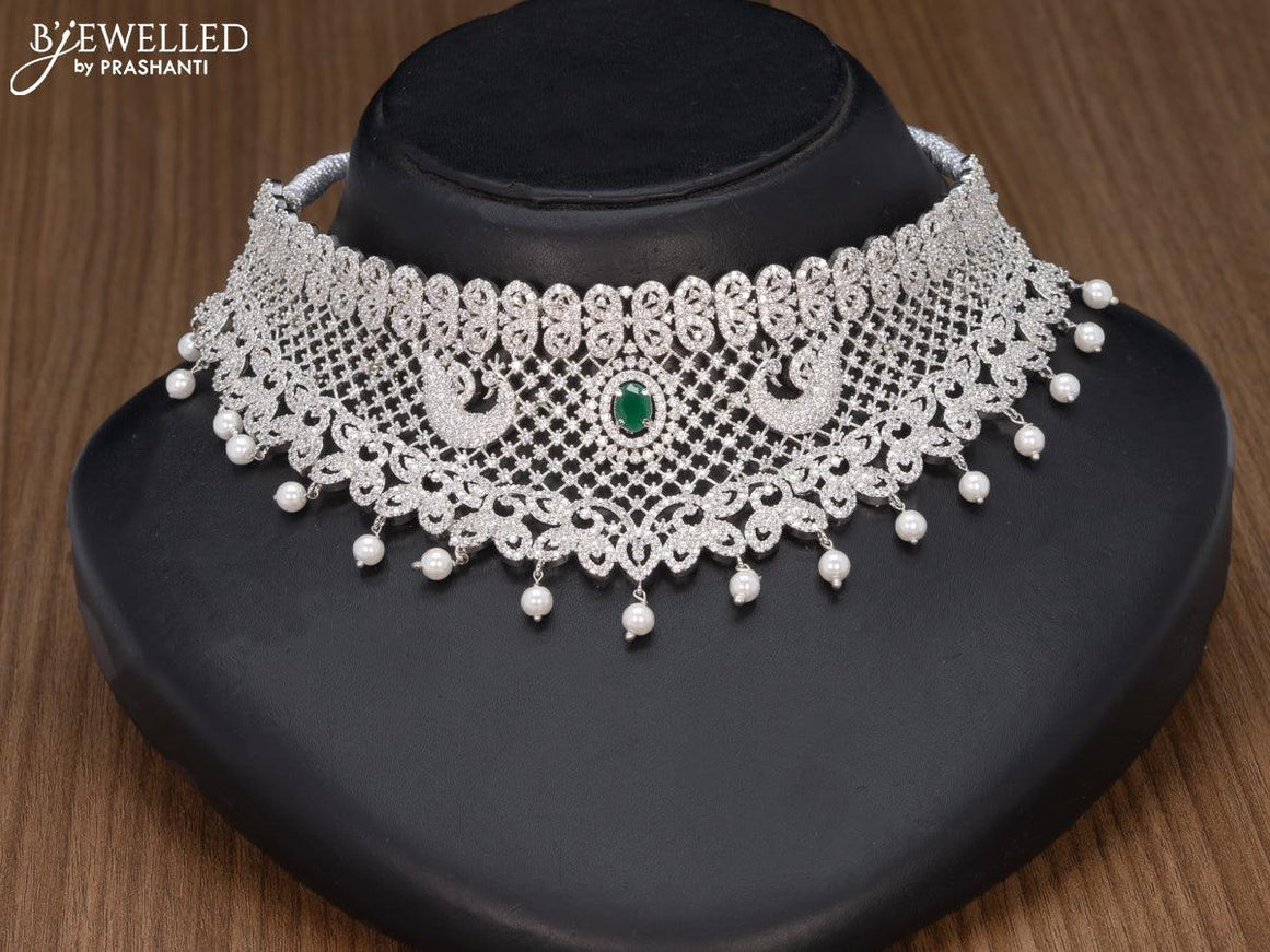 Zircon choker peacock design emerald and cz stones with pearl hangings - {{ collection.title }} by Prashanti Sarees