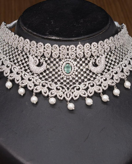 Zircon choker peacock design mint green and cz stones with pearl hangings - {{ collection.title }} by Prashanti Sarees