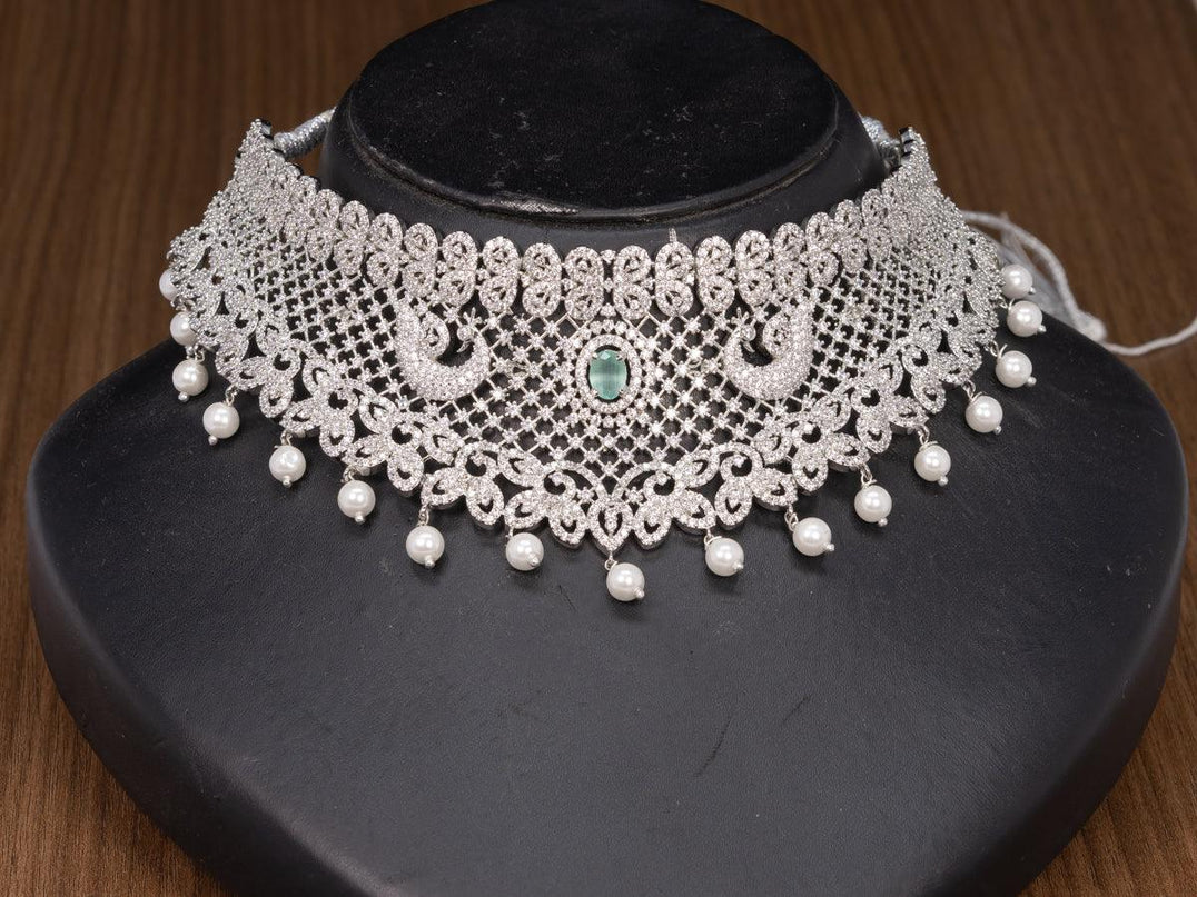 Zircon choker peacock design mint green and cz stones with pearl hangings - {{ collection.title }} by Prashanti Sarees