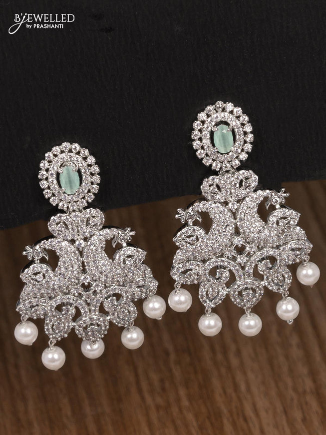 Zircon choker peacock design mint green and cz stones with pearl hangings - {{ collection.title }} by Prashanti Sarees