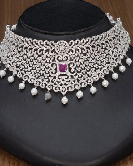 Zircon choker ruby and cz stones with pearl hangings - {{ collection.title }} by Prashanti Sarees