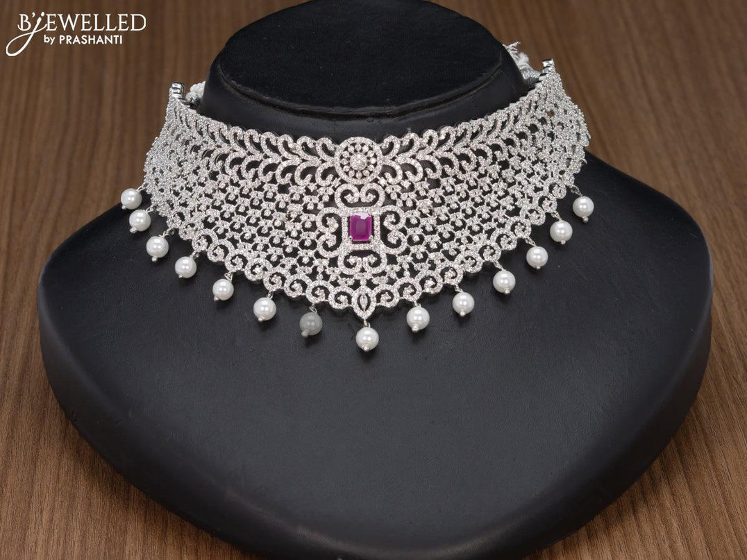 Zircon choker ruby and cz stones with pearl hangings - {{ collection.title }} by Prashanti Sarees