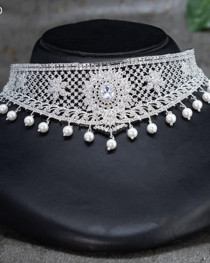 Zircon choker with cz stone and pearl hangings - {{ collection.title }} by Prashanti Sarees
