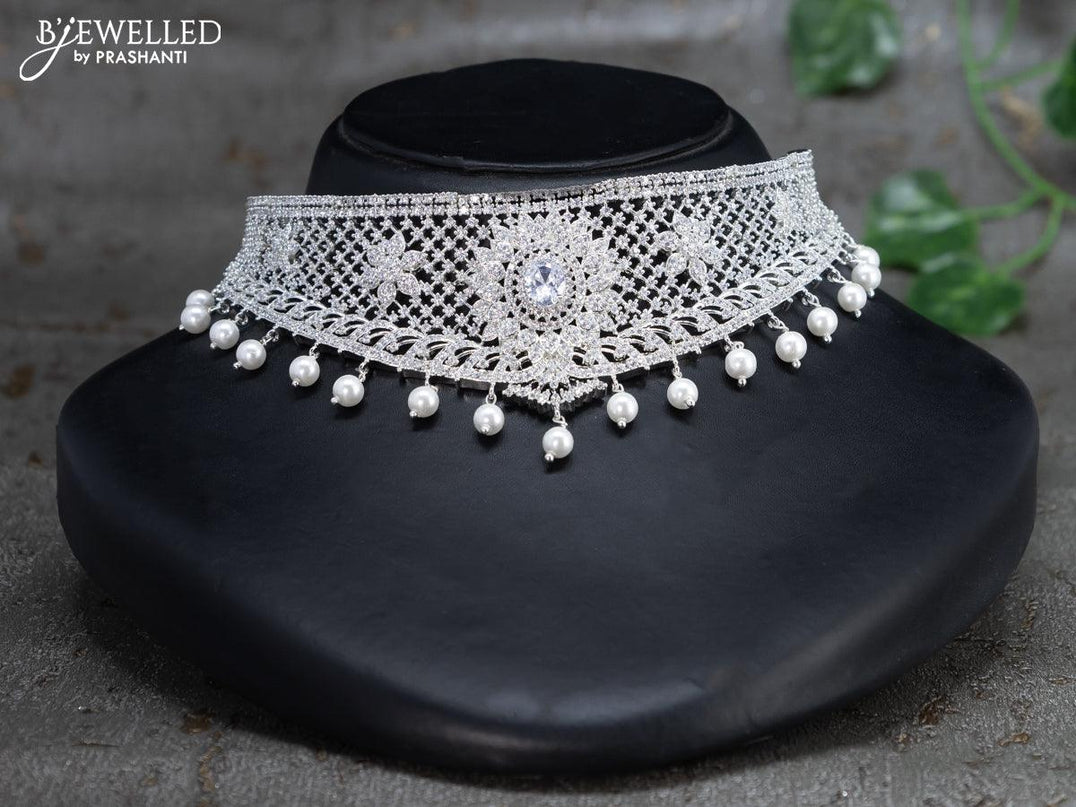 Zircon choker with cz stone and pearl hangings - {{ collection.title }} by Prashanti Sarees