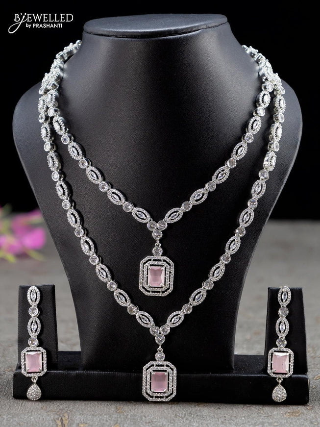 Zircon double layer necklace with baby pink and cz stones - {{ collection.title }} by Prashanti Sarees
