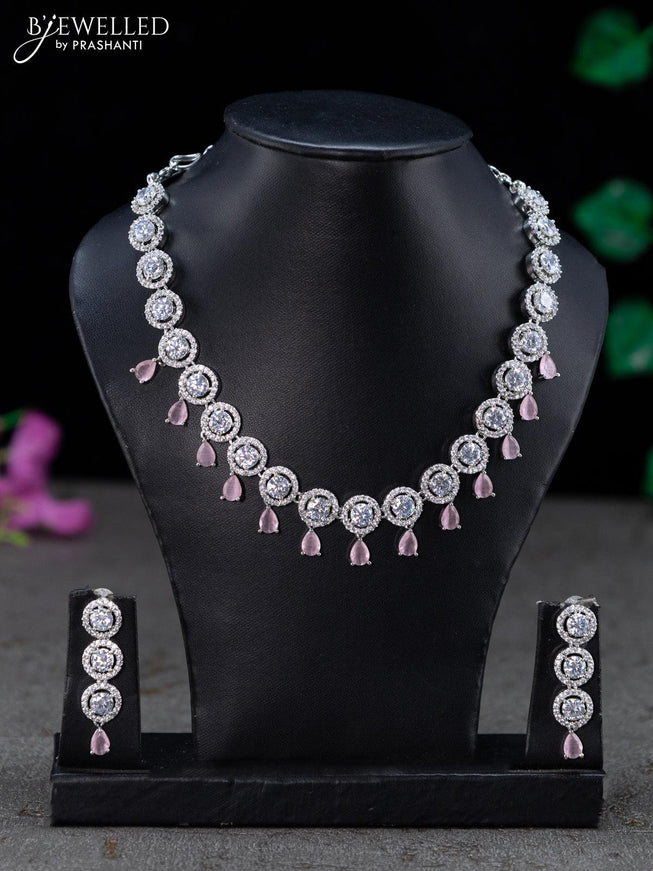 Zircon necklace floral design with baby pink and cz stones - {{ collection.title }} by Prashanti Sarees
