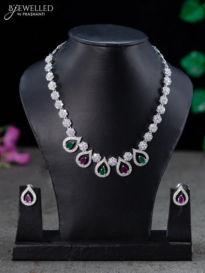 Zircon necklace floral design with kemp and cz stones - {{ collection.title }} by Prashanti Sarees