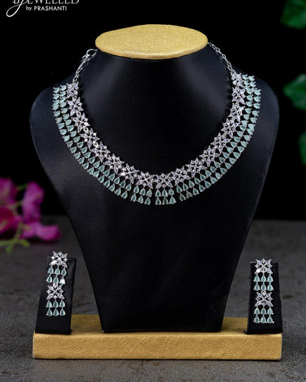 Zircon necklace floral design with mint green and cz stones - {{ collection.title }} by Prashanti Sarees