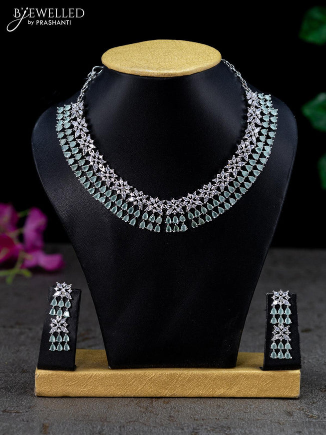 Zircon necklace floral design with mint green and cz stones - {{ collection.title }} by Prashanti Sarees