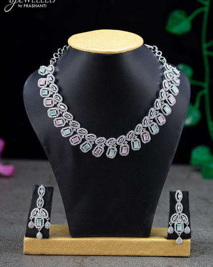 Zircon necklace with baby pink & mint green and cz stones - {{ collection.title }} by Prashanti Sarees