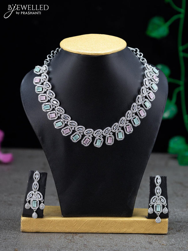 Zircon necklace with baby pink & mint green and cz stones - {{ collection.title }} by Prashanti Sarees