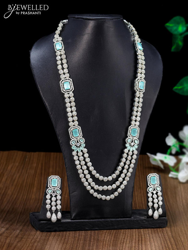 Zircon triple layer long ncklace with mint green stones - {{ collection.title }} by Prashanti Sarees