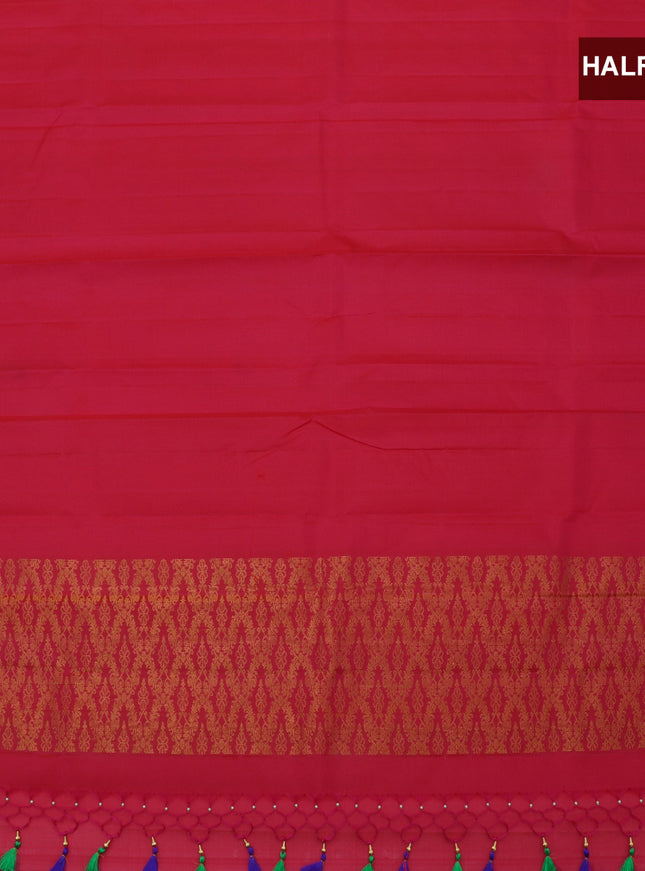 Pure silk half saree mango orange with allover silver zari floral buttas and contrast dark pink blouse & Dupatta