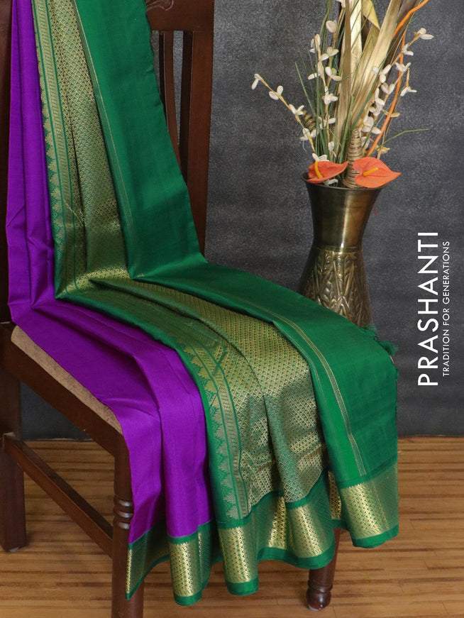 10 yards silk saree purple and green with plain body and zari woven korvai border without blouse - {{ collection.title }} by Prashanti Sarees