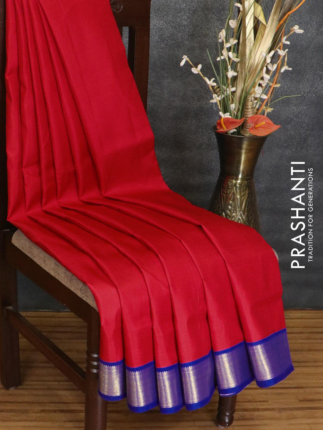 10 yards silk saree red and blue with plain body and zari woven korvai border without blouse - {{ collection.title }} by Prashanti Sarees