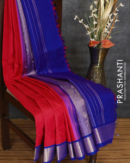 10 yards silk saree red and blue with plain body and zari woven korvai border without blouse - {{ collection.title }} by Prashanti Sarees