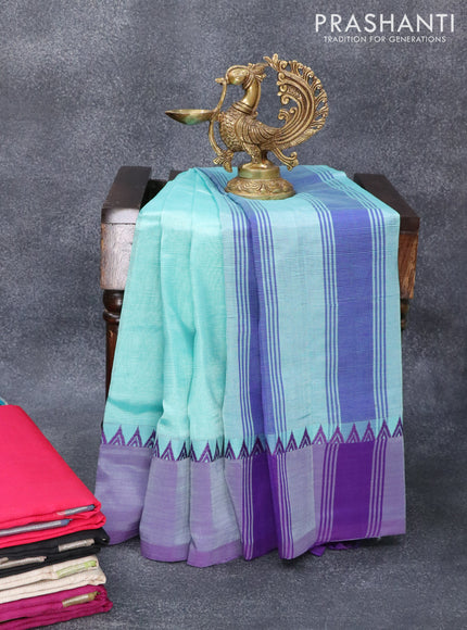 Mangalgiri silk cotton saree teal blue and deep violet with plain body and temple design simple border