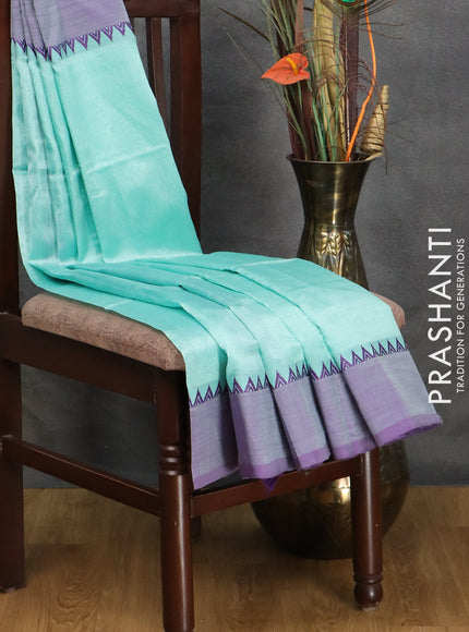 Mangalgiri silk cotton saree teal blue and deep violet with plain body and temple design simple border