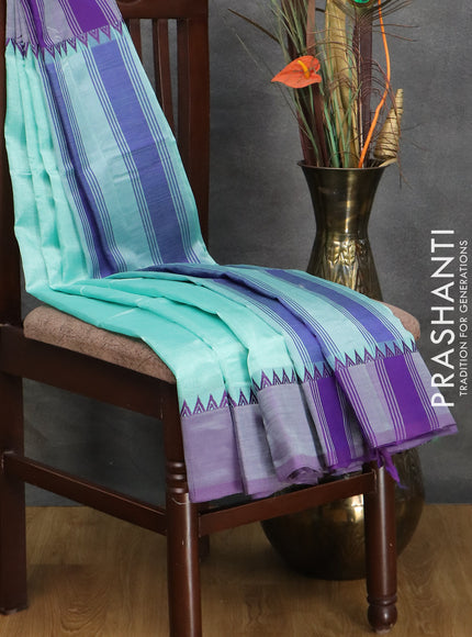 Mangalgiri silk cotton saree teal blue and deep violet with plain body and temple design simple border