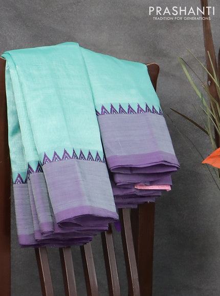 Mangalgiri silk cotton saree teal blue and deep violet with plain body and temple design simple border