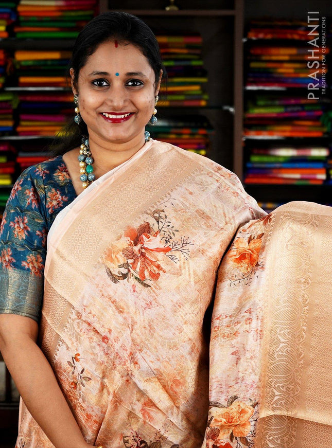 Semi Organza saree mild pastel pink with banarasi style border and floral digital prints