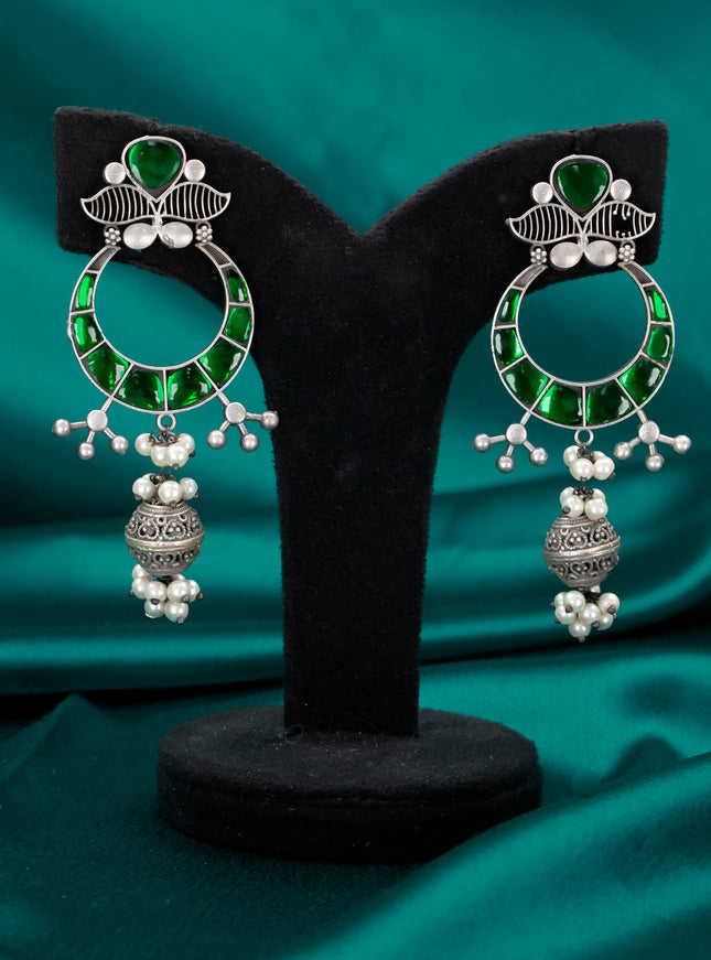 Oxidised chandbali earring with green stone and pearl hangings