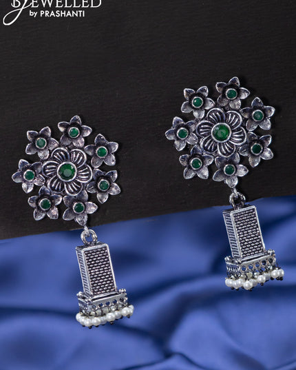 Oxidised jhumkas floral design with emerald stones