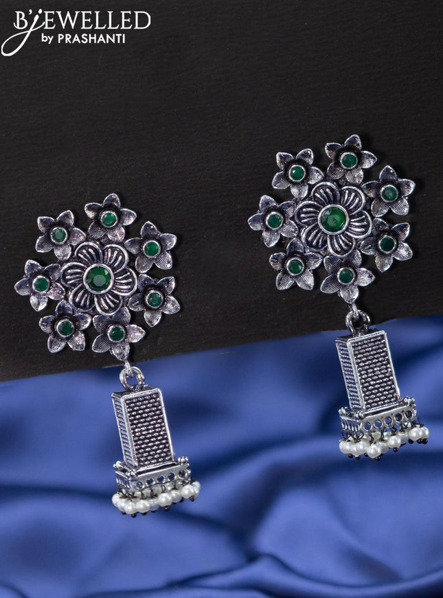 Oxidised jhumkas floral design with emerald stones
