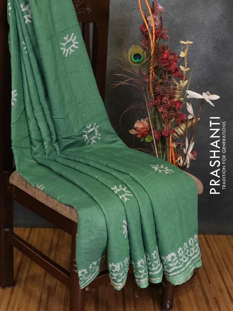 Semi chanderi saree green with batik prints & sequin work