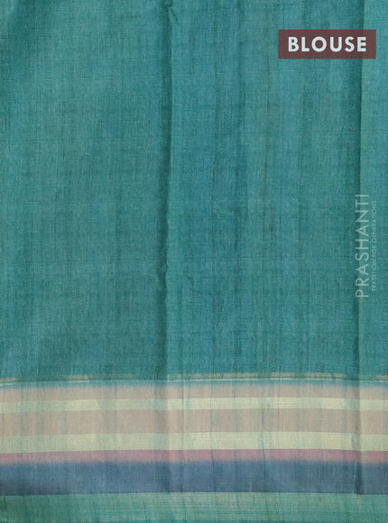 Semi linen saree beige and teal blue with allover floral prints and simple border