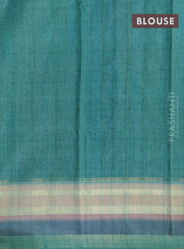 Semi linen saree beige and teal blue with allover floral prints and simple border
