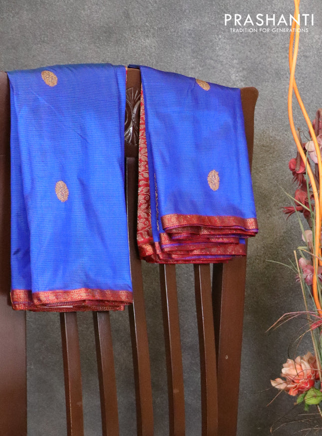Banarasi katan silk saree blue and maroon with allover stripes woven buttas and small zari woven border